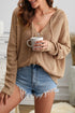 Zipper V-Neck Dropped Sleeve Hooded Solid Sweater